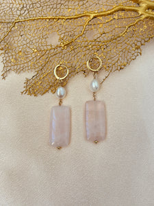 Rose quartz with pearl huggies